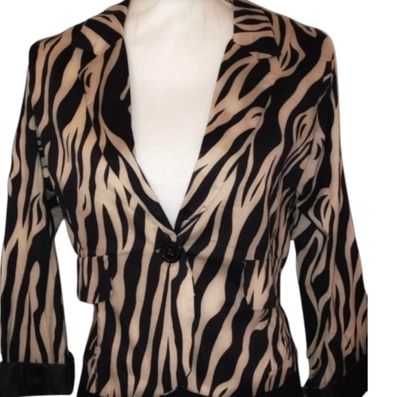 Vintage Voice Stretch Lightweight Zebra Print Blazer/Jacket in BLK/TAN SZ LG - Picture 1 of 5
